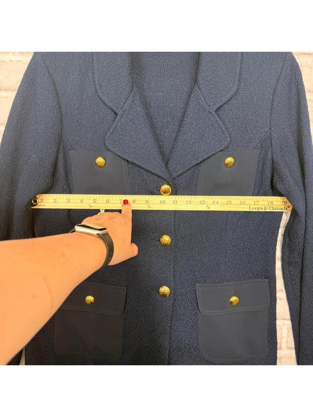 St. John Vintage Navy Single Breasted Blazer Gold Buttons Women's 14 Wool - Picture 5 of 7